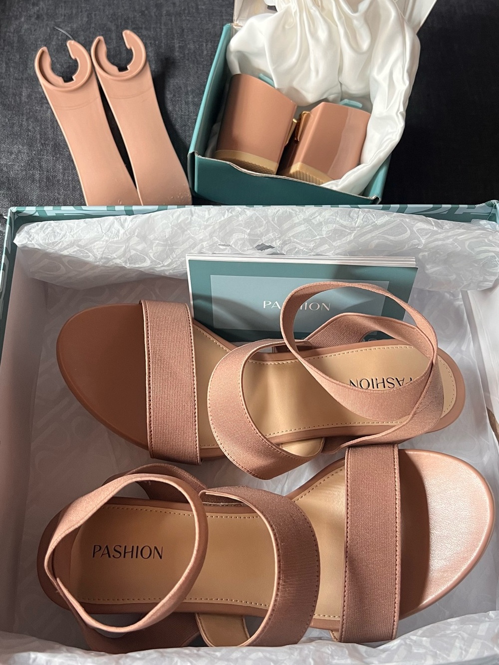 Pashion Footwear Set - Adrianna Latte Elastic, 7-7.5 & Convertible Heels